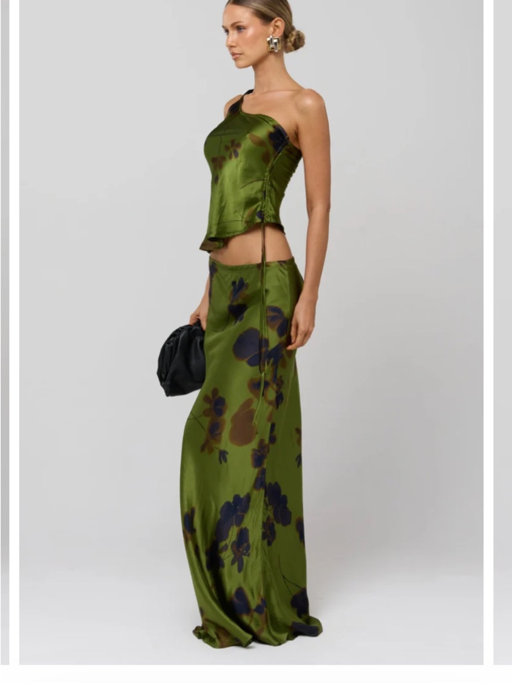 RESA Olive Green Floral Satin Maxi Skirt with Navy & Brown Accents